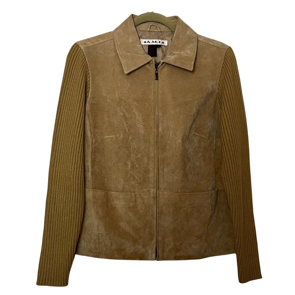A.M.I. Collar 100% Suede Leather Knit Sleeves Full Zip Up Jacket Size Medium